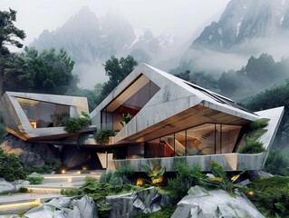 Building surrounded by trees, mountains in backdrop, under a cloudy sky