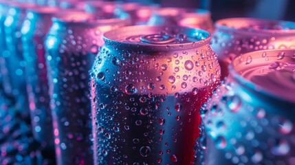Slick metallic soda cans with reflective dew in a contrasting neon light setting - obrazy, fototapety, plakaty