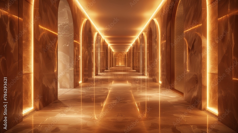 Aufkleber design of illuminated corridor interiors in 3d.
