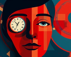 Form with a clock for a face, time ticking in a vibrant red circle, urgency of moments ,  illustration