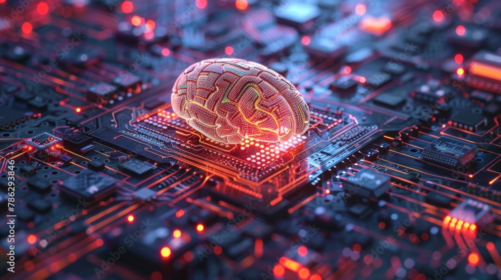 Poster The brain is made with a shining wireframe above multiple blockchain CPU on the circuit board and it is rendered in 3D using artificial intelligence, machine learning, ai, deep learning.