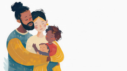 Illustration of parents embracing their child with love on a white background.