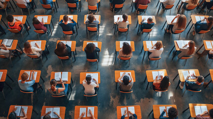 A classroom full of students sitting at desks with books and pencils. Scene is focused and studious