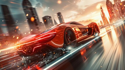 The futuristic concept (with grunge overlay) of a sport car racing toward a city sunset is generic and brandless - a 3D illustration in high speed and approaching the sunset