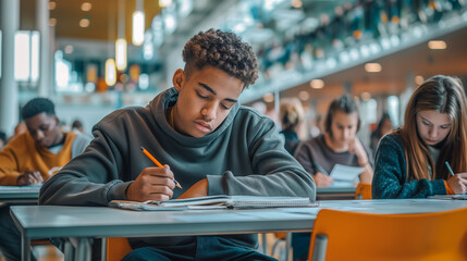A young man is writing with a pencil at a desk in a classroom. He is surrounded by other students who are also writing. Scene is focused and studious, as everyone is working on their assignments - obrazy, fototapety, plakaty