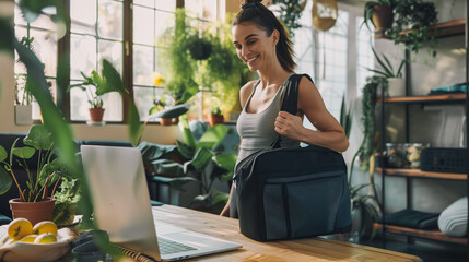 Woman with a sports bag, ready for training, turns off laptop on table. She is smiling and she is enjoying her time - obrazy, fototapety, plakaty