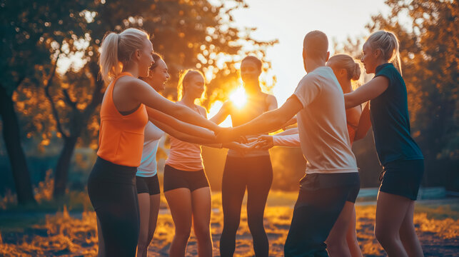A group of people are standing in a circle, some of them wearing shorts and tank tops. The group appears to be enjoying each other's company and having a good time