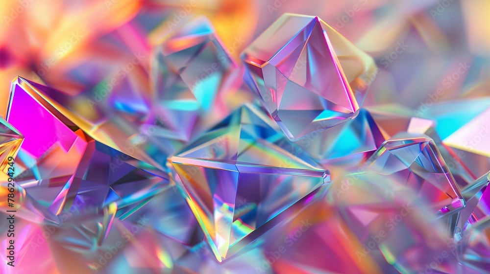 Poster geometric crystal background with iridescent texture and faceted gem in 3d.