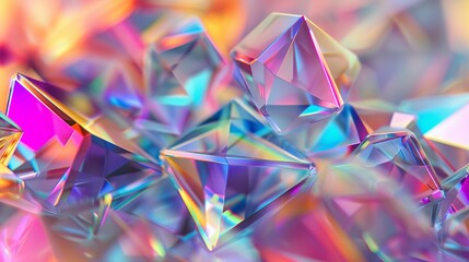 Geometric crystal background with iridescent texture and faceted gem in 3D. - obrazy, fototapety, plakaty