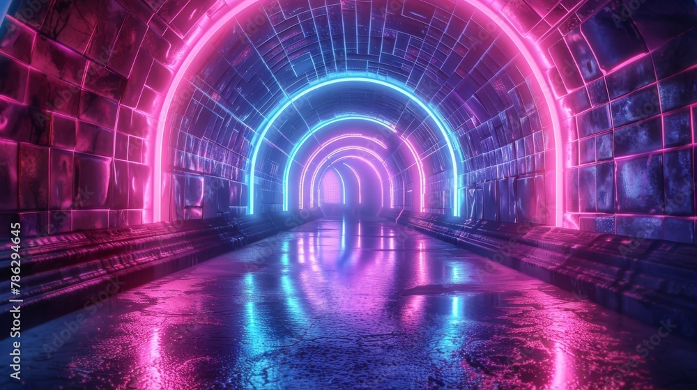 Poster abstract futuristic technology concept. modern neon hexagon tunnel background with fluorescent ultra