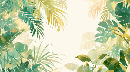 Abstract background with tropical leaves of palm, monstera in green and beige colors