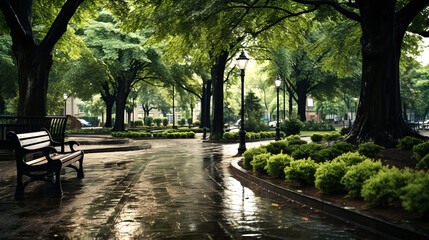 Springtime rainy day park scene with green trees and puddles forming on pathways, showcasing the natural beauty of April showers.