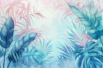 Abstract background with tropical leaves in soft blue color - obrazy, fototapety, plakaty