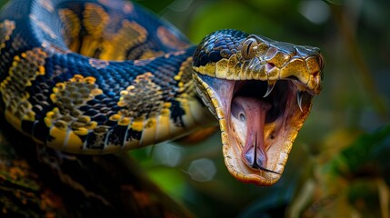 Close-up of a menacing python with open mouth and sharp fangs