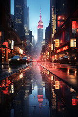 A rain-soaked city street reflecting city lights, capturing the urban charm and atmosphere of April showers in the evening.