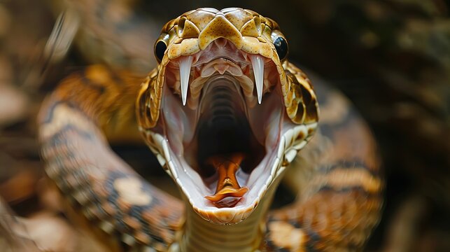 Close-up of a burmese python with open mouth displaying fangs and tongue