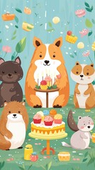 Fototapeta premium Birthday greetings ensemble vector, animals with treats, clear festive background