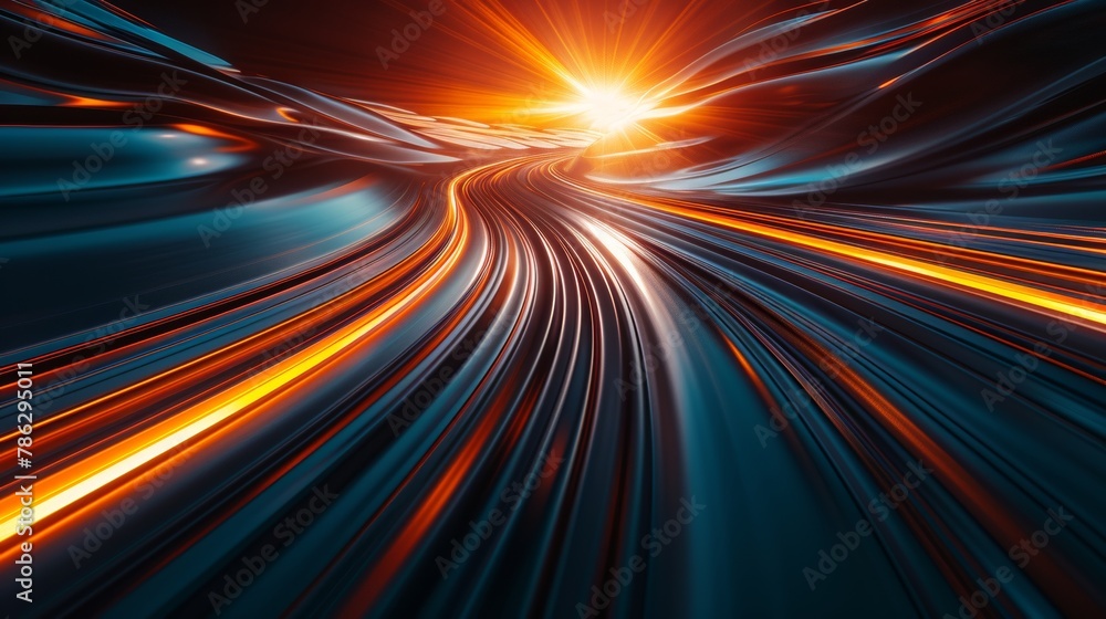 Poster Concept of leading in business, hi technology products, warp speed wormhole science. 3D rendering of abstract fast moving stripe lines with glowing sun light flare.
