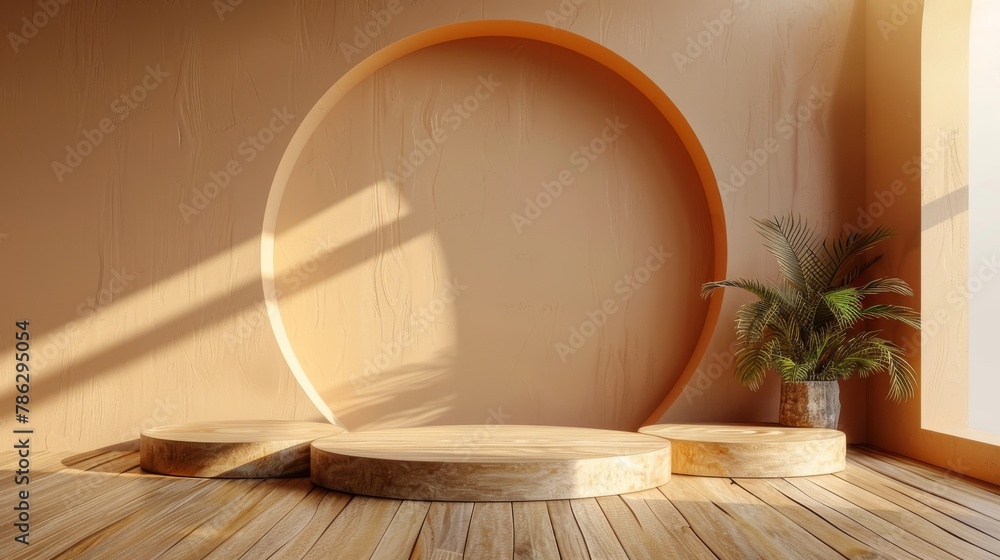 Fototapete A product stand is a podium with a cylindrical shape and a futuristic concept. The rendering is 3D.