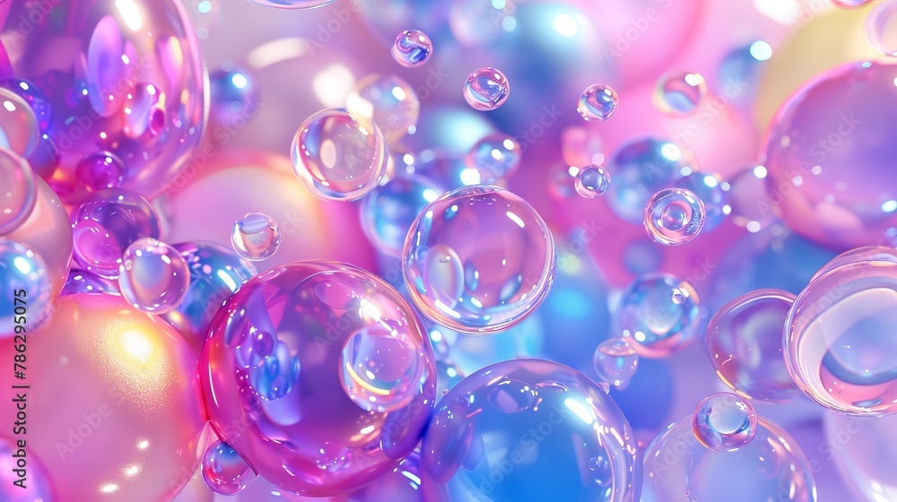 Poster 3D abstract background with floating holographic liquid blobs and soap bubbles.