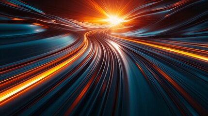 Concept of leading in business, hi technology products, warp speed wormhole science. 3D rendering of abstract fast moving stripe lines with glowing sun light flare. - obrazy, fototapety, plakaty
