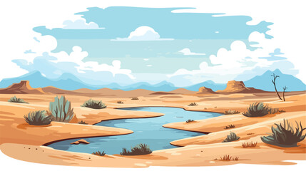 Desert landscape with dunes and lake. Cartoon vector Illustration