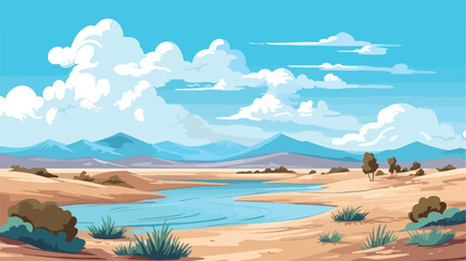 Desert landscape with dunes and lake. Cartoon vector Illustration