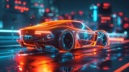 Conceptual illustration of futuristic car technology using wireframes (3D)