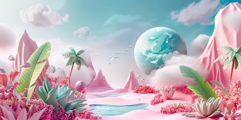 3D render, illustration 16K cute landscape, earth day , gradient green and pastel color  background