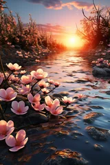 Fotobehang Springtime sunrise: Sunrise over spring stream with blooming flowers. © tynza