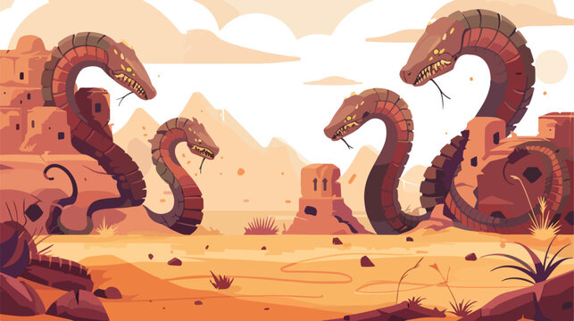 Desert landscape with giant mechanical snakes flat vector