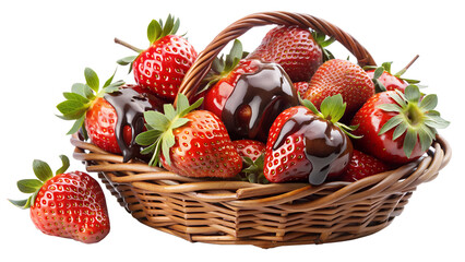 A basket overflowing with plump, juicy strawberries, some with chocolate drizzled over them, perfect for a summer picnic.