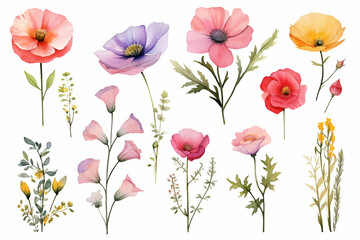 Set of colorful and vibrant wildflowers. Watercolor illustration. Hand-drawn floral collection.