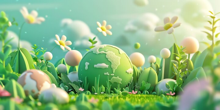 3D render, illustration 16K cute landscape, earth day , gradient green background