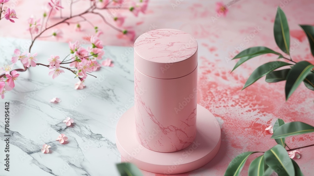 Poster For product display: pink empty cylinder box on Duotone background with marble stone texture. Minimal spring summer concept. Flat lay. Top view. 3D render.