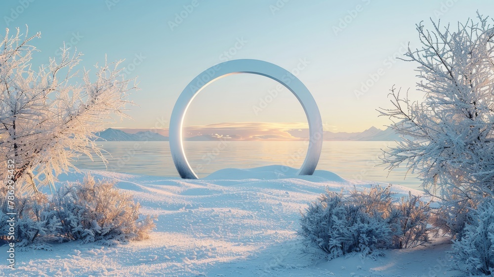 Poster a winter scene featuring geometrical shapes, a circle frame, and a sea view. background model in 3d 