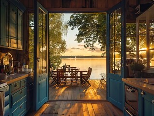 House with lake view, deck furniture, wood table, chairs