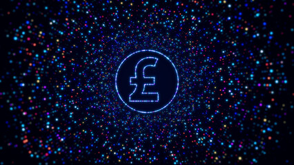 Abstract Futuristic Digital Space Dark Shiny Blue Colorful Glowing British Pound Sterling Currency Symbol Border Frame With Glitter Sparkle Dots And Lines