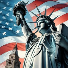 realistic drawing of the statue of liberty and the flag of the united states in the background