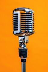 Fototapeta premium Photo from a retro microphone before solid colored orange background. 