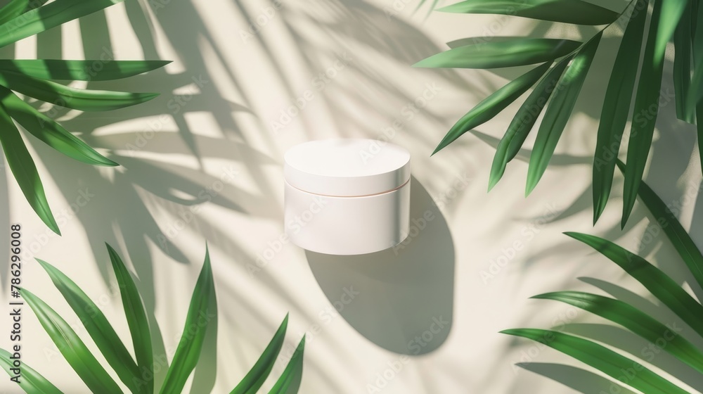 Leinwandbilder An empty white cylinder box on a summer scene background with tropical palm trees to display cosmetics. Flat lay. Top view. 3d render.