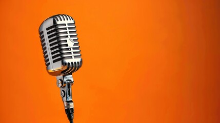 Fototapeta premium Photo from a retro microphone before solid colored orange background. 