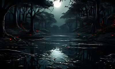 A dark forest under a full moon.