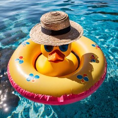 Badeente mit Strohhut, Sonnenbrille und Schwimmreifen im türkisblauen, klaren Wasser. Nahaufnahme. Vogelperspektive.