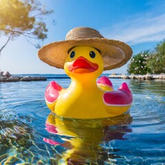 Große Badeente mit Sonnenhut, Schwimmreifen und Sonnenbrille im Wasser. Nahaufnahme. Vogelperspektive.