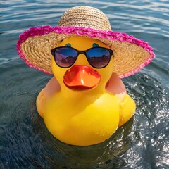 Gelbe Badende mit Strohhut und Sonnenbrille im Teich.
Nahaufnahme. Isoliert.