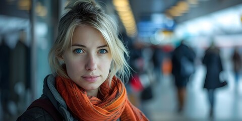 Calm Blonde Woman in Bustling Train Station with Bright Scarf