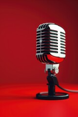 Photo from a retro microphone before solid colored red background. 