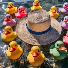 Bunte Badeenten, die um einen Sonnenhut herum im Wasser schwimmen. Nahaufnahme. Vogelperspektive.