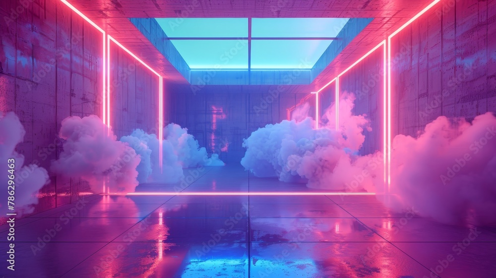 Poster 3D rendering of an empty futuristic sci-fi stage. The stage is made of concrete, with glowing neon and clouds in the background.